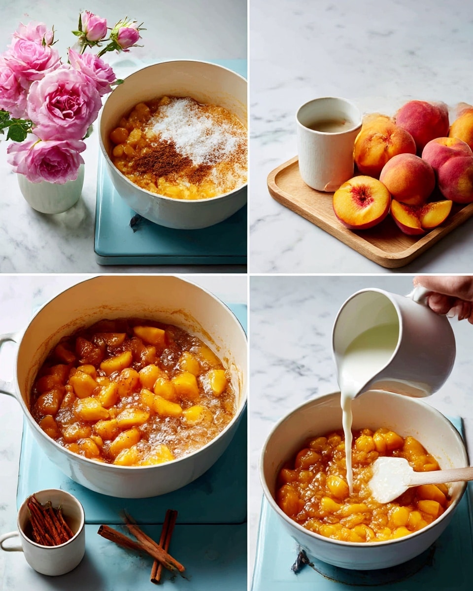 The image shows four scenes of peach cooking in a white pot on a light blue stove. The first scene has chopped peach pieces in the pot, topped with white sugar and brown spice powder. The second scene shows the peach pieces bubbling as they cook, turning shiny and soft. In the third scene, a woman's hand is pouring a white liquid into the pot of peach pieces. The last scene shows a white spatula stirring the thick peach mixture, which is golden orange with soft peach chunks. The background includes a white marbled surface with a vase holding a pink rose, a light wooden tray with cinnamon sticks in a small white cup, and a white bowl filled with whole peaches. Photo taken with an iphone --ar 4:5 --v 7