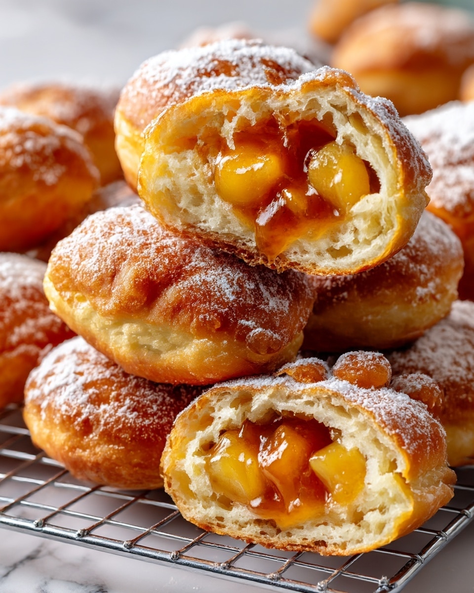 The image shows a group of crispy golden-brown fried rolls dusted with white powdered sugar on a silver wire rack placed on a white marbled surface. There are five rolls in total, with two placed on top, revealing their inner filling. The filling is glossy, light golden-orange, and chunky with pieces of cooked fruit inside, giving a soft and juicy texture. The golden outer shell is bubbly and crunchy, while the powdered sugar adds a light dusting of texture and contrast. photo taken with an iphone --ar 4:5 --v 7