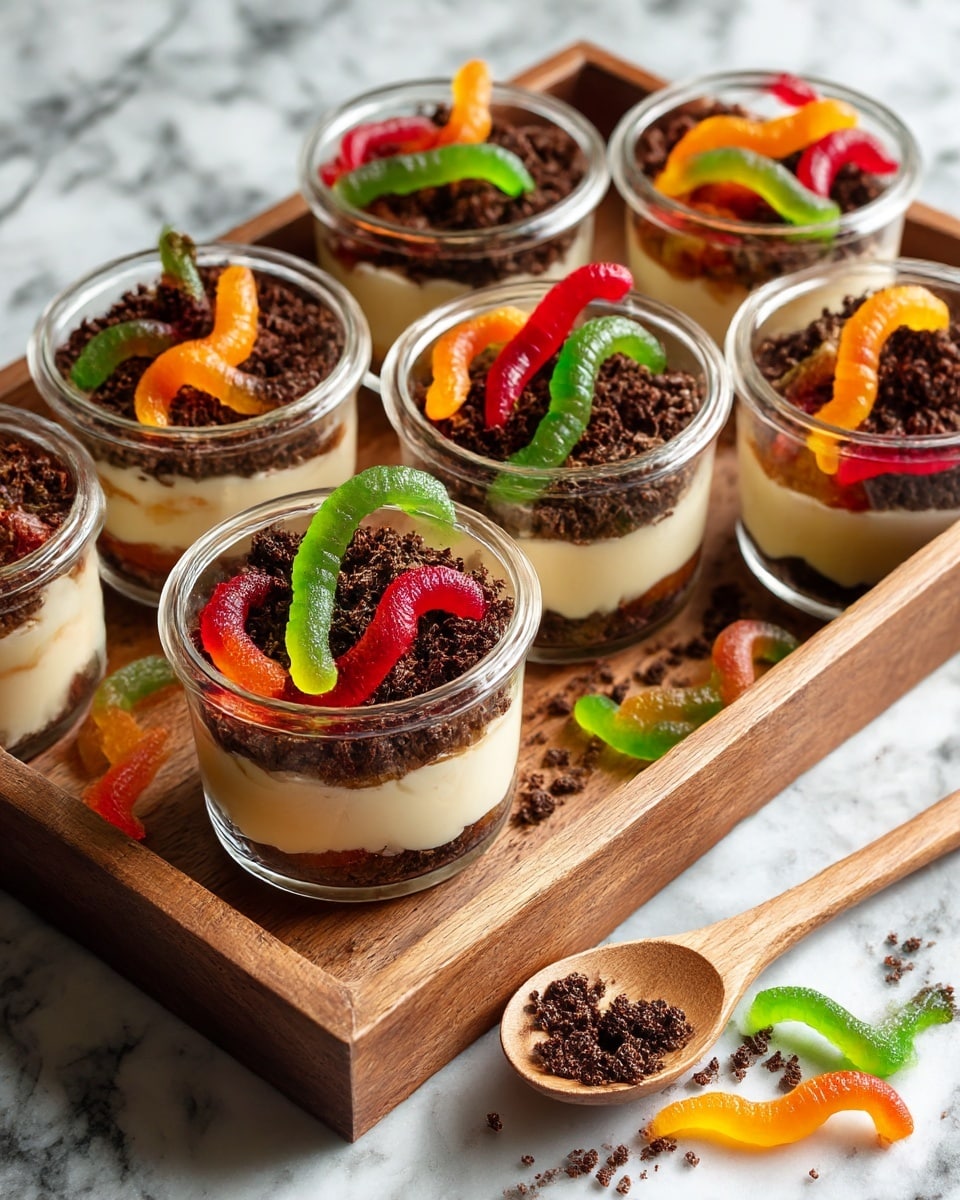 The image shows several clear plastic cups layered with chocolate pudding and crushed dark chocolate cookies, making three visible layers in each cup. On top, there is a crumbly dark chocolate cookie soil texture. Bright, colorful gummy worms, in red, green, blue, yellow, and purple, are placed on the cookie crumbs, creating a playful look. The cups are set on a white marbled surface, scattered with whole dark chocolate sandwich cookies and a few loose gummy worms. One woman’s hand is holding a whole cookie in the background. photo taken with an iphone --ar 4:5 --v 7