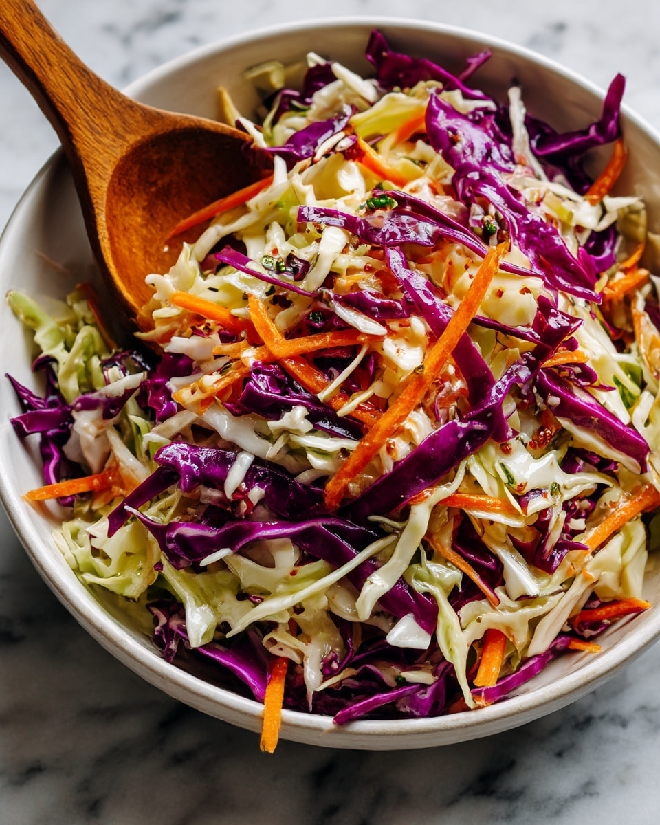A close-up view of a white bowl filled with colorful coleslaw, showing layers of finely shredded purple cabbage, white cabbage, and thin carrot strips mixed together. The texture looks fresh and crunchy, with a slight creamy coating that adds a light shine. A wooden spoon is partly visible, resting on the side inside the bowl. The bowl is set on a white marbled surface, adding a clean and bright background. photo taken with an iphone --ar 4:5 --v 7