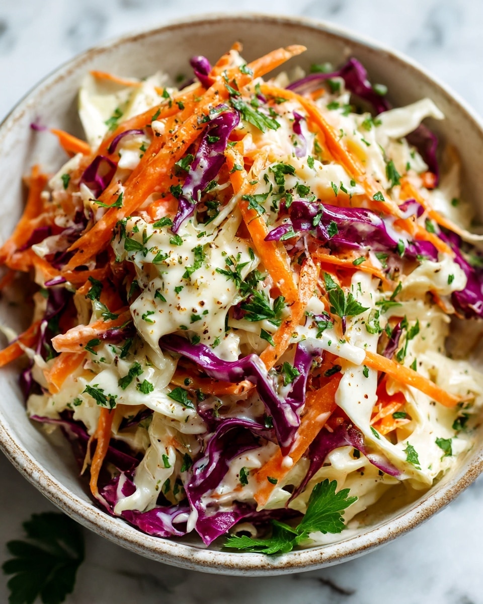 A close-up view of a bowl of coleslaw placed on a white marbled surface, showing three visible layers in the coleslaw mix: thin sticks of bright orange carrot, shredded white cabbage, and vibrant purple cabbage, all coated in a creamy white dressing with specks of black pepper and bits of green parsley spread on top and mixed through. The bowl is white with a rustic texture and the coleslaw sits in a heaped, slightly uneven mound inside it, with some parsley leaves visible around the bowl. Photo taken with an iphone --ar 4:5 --v 7