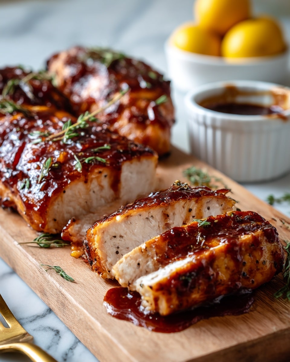 A piece of grilled chicken with a shiny, dark brown glaze sits in the front on a wooden board, showing a moist, white inside and small black specks of pepper on the outside. Behind it, there is another larger piece of chicken with the same glaze and some small green herb leaves on top. In the background, there is a white ramekin filled with more sauce and blurred yellow round objects, possibly lemons or small fruits. The wooden board is placed on a white marbled surface, and a gold fork is partly visible in the lower left corner. photo taken with an iphone --ar 4:5 --v 7