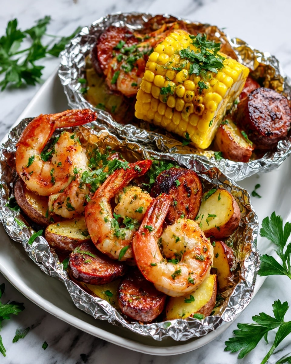 The image shows a close-up of a foil packet filled with grilled food on a white marbled surface. Inside the foil, there are pieces of bright yellow corn on the cob, two near the top and one at the bottom right, with a slightly charred texture. There are light brown roasted baby potatoes scattered around and slices of browned sausage with a crispy surface. On top, some pink shrimp with a light grill mark and sprinkled with green herbs are placed. A thin slice of lemon is visible behind the corn on the left side. The foil edges are crinkled, framing the food. In the background, two more pieces of corn are blurred. The overall look is warm, fresh, and full of color. Photo taken with an iphone --ar 4:5 --v 7