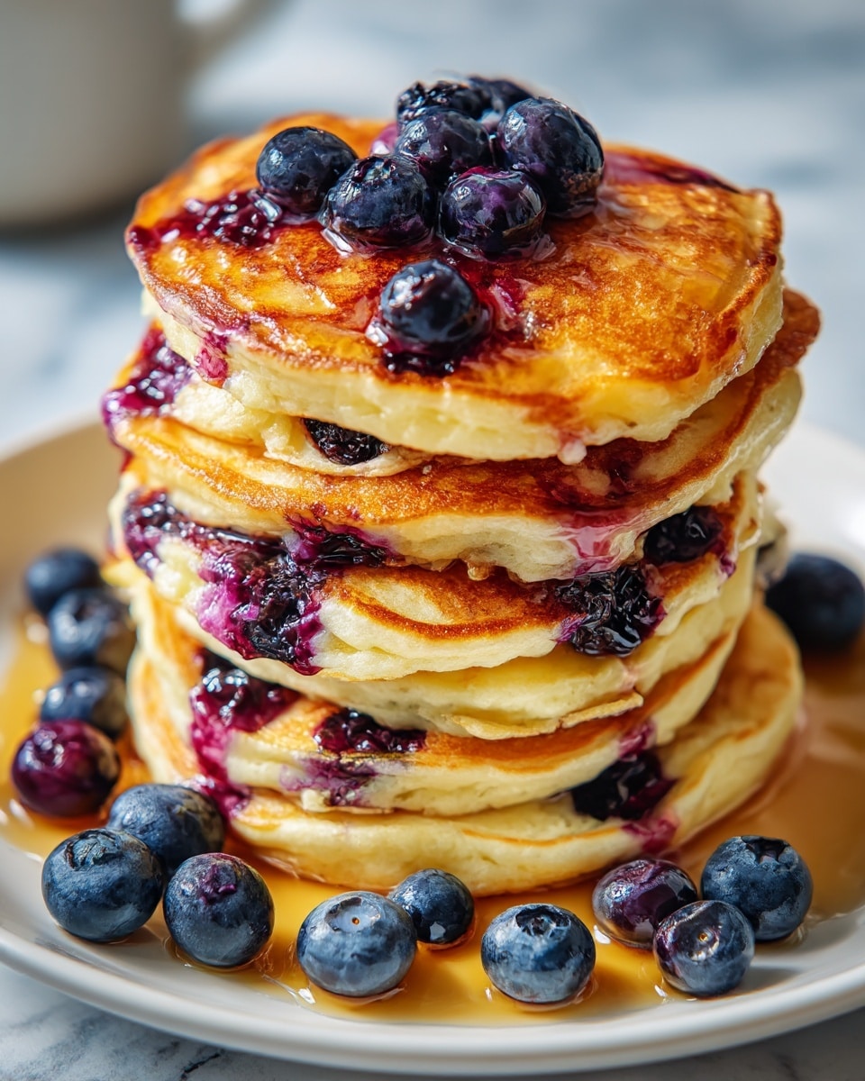 The image shows a stack of five small, round, thick pancakes on a white plate, each pancake golden brown on the outside with visible blueberries inside and around them, adding dark purple and blue colors. The top pancake is slightly broken, showing a soft, light yellow inside. Fresh blueberries and some lemon zest are scattered on and around the stack, with two lemon wedges placed behind the stack on the white marbled surface. The pancakes have a slightly crispy texture on the outside and look soft inside. photo taken with an iphone --ar 4:5 --v 7