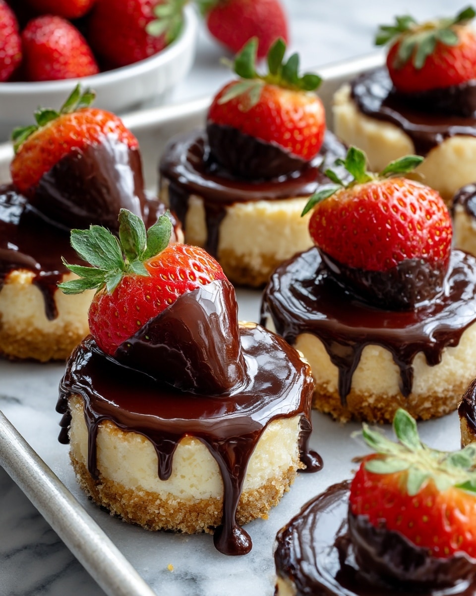 The image shows seven small cheesecakes placed on a white marbled surface. Each cheesecake has three layers: the base is golden brown and crumbly, the middle layer is creamy pale yellow, and the top layer is a glossy dark chocolate coating that drips slightly down the sides. Each cheesecake is topped with a whole fresh red strawberry, partially dipped in the chocolate. The strawberries have green leaves still attached, adding a fresh contrast to the rich colors. Photo taken with an iphone --ar 4:5 --v 7
