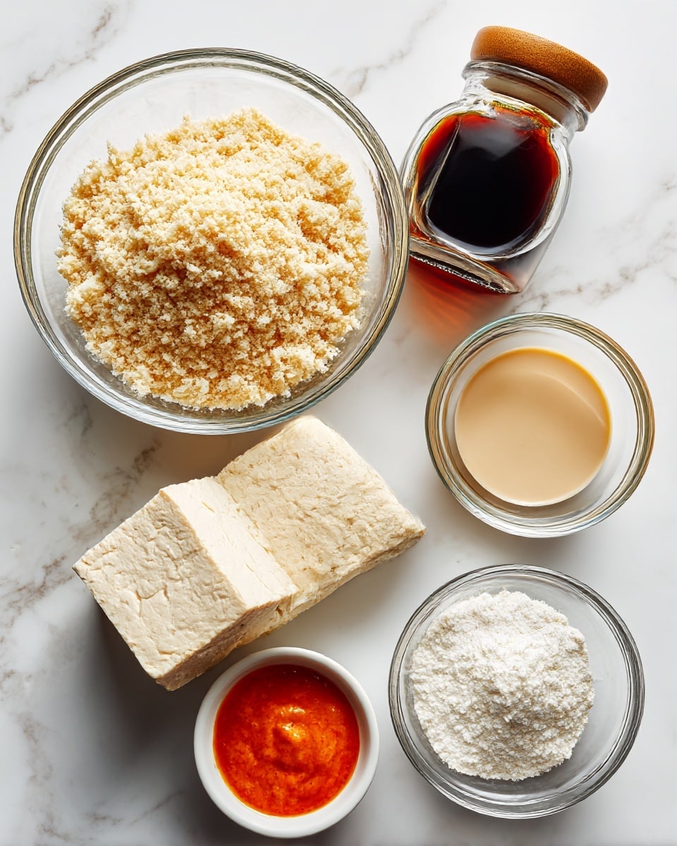 A top view of six items arranged on a white marbled surface: a large clear glass bowl filled with light beige panko bread crumbs placed on the left, next to a block of extra firm tofu with a pale off-white texture positioned in front; a small white ceramic bowl filled with white cornstarch in the bottom center foreground; a small clear glass bowl containing an orange buffalo sauce positioned to the right; a small clear glass bowl filled with light beige soy milk near the buffalo sauce; a clear glass spice jar with a wooden lid labeled garlic powder standing behind the tofu and to the right of the panko bread crumbs. photo taken with an iphone --ar 4:5 --v 7