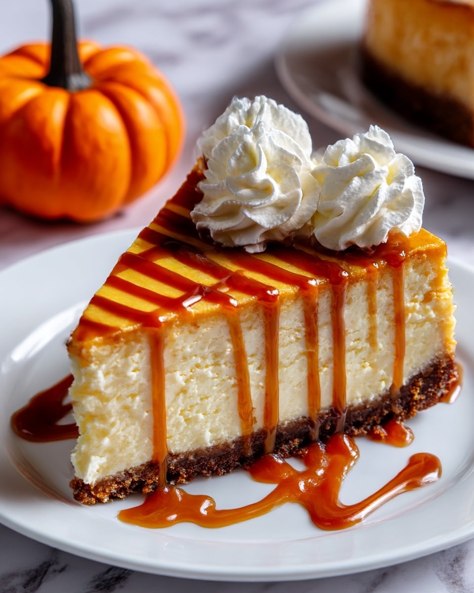 A creamy, light orange cheesecake slice with a thick dark brown crust sits on a white plate. The cheesecake has two swirls of white whipped cream on top near the back edge. A shiny, smooth caramel sauce is drizzled in stripes across the top and down the side of the cheesecake. In the background, a small orange pumpkin with a dark brown stem rests on a white marbled surface. The photo shows close detail of the cheesecake texture and toppings photo taken with an iphone --ar 4:5 --v 7