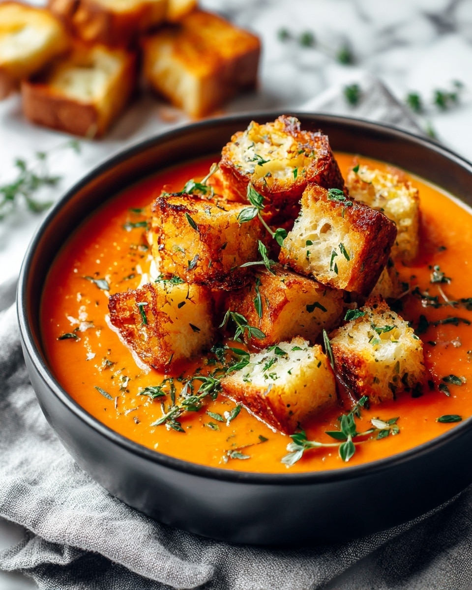 A dark bowl filled with smooth, bright orange soup forms the base layer. On top, there are large, golden-brown toasted bread cubes scattered mainly in the center. Small green herb pieces are sprinkled over the soup and bread, adding a fresh touch. The bowl is placed on a gray cloth over a white marbled surface, with blurry elements in the background suggesting more toasted bread slices. The textures show the creamy soup contrasting with the crunchy bread and herbs. photo taken with an iphone --ar 4:5 --v 7