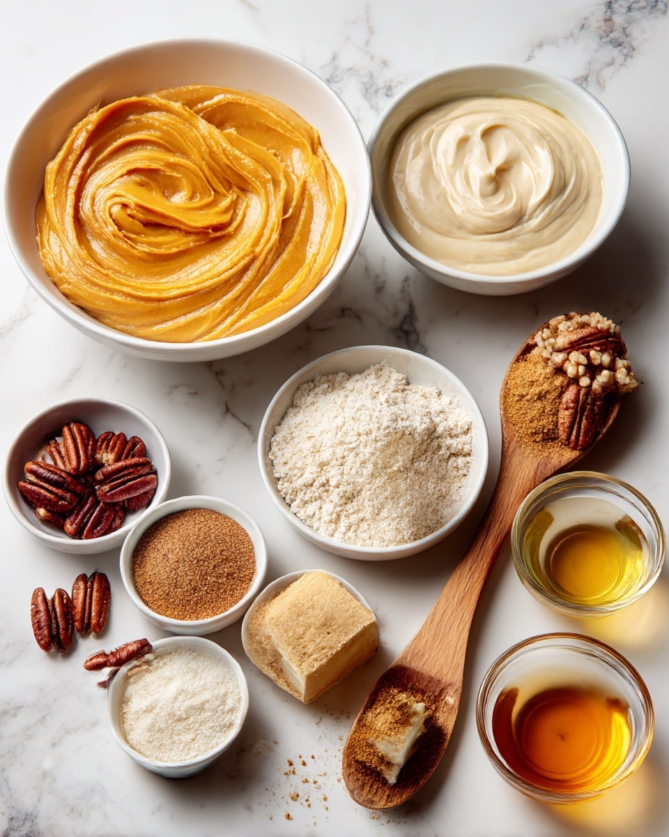 The image shows a top-down view of several small white bowls and a wooden spoon on a white marbled surface. At the top left, a large white bowl holds smooth orange puree with swirls on top. To its right, a small white bowl contains a light cream-colored thick sauce. Below, a wooden spoon rests with a brown sugar pile and a small block of butter next to it. Around these, other white bowls hold assorted ingredients: one with pecan halves and white powder, another with just pecans, one with light brown flour, and two more with creamy substances. A small glass bowl with a golden yellow liquid is also present near the bottom edge. photo taken with an iphone --ar 4:5 --v 7