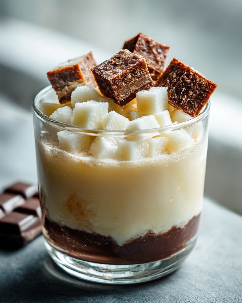 A clear glass holds two layers: at the bottom is a smooth, pale cream layer filling about two-thirds of the glass, with a soft texture. On top, a thick layer of small, white cubed fruit pieces covers the cream fully, adding a fresh and slightly shiny look. Two rough-edged, textured brown pieces, likely chocolate, are sticking upright from the fruit layer near the center. The glass sits on a dark surface with a blurred light background. photo taken with an iphone --ar 4:5 --v 7