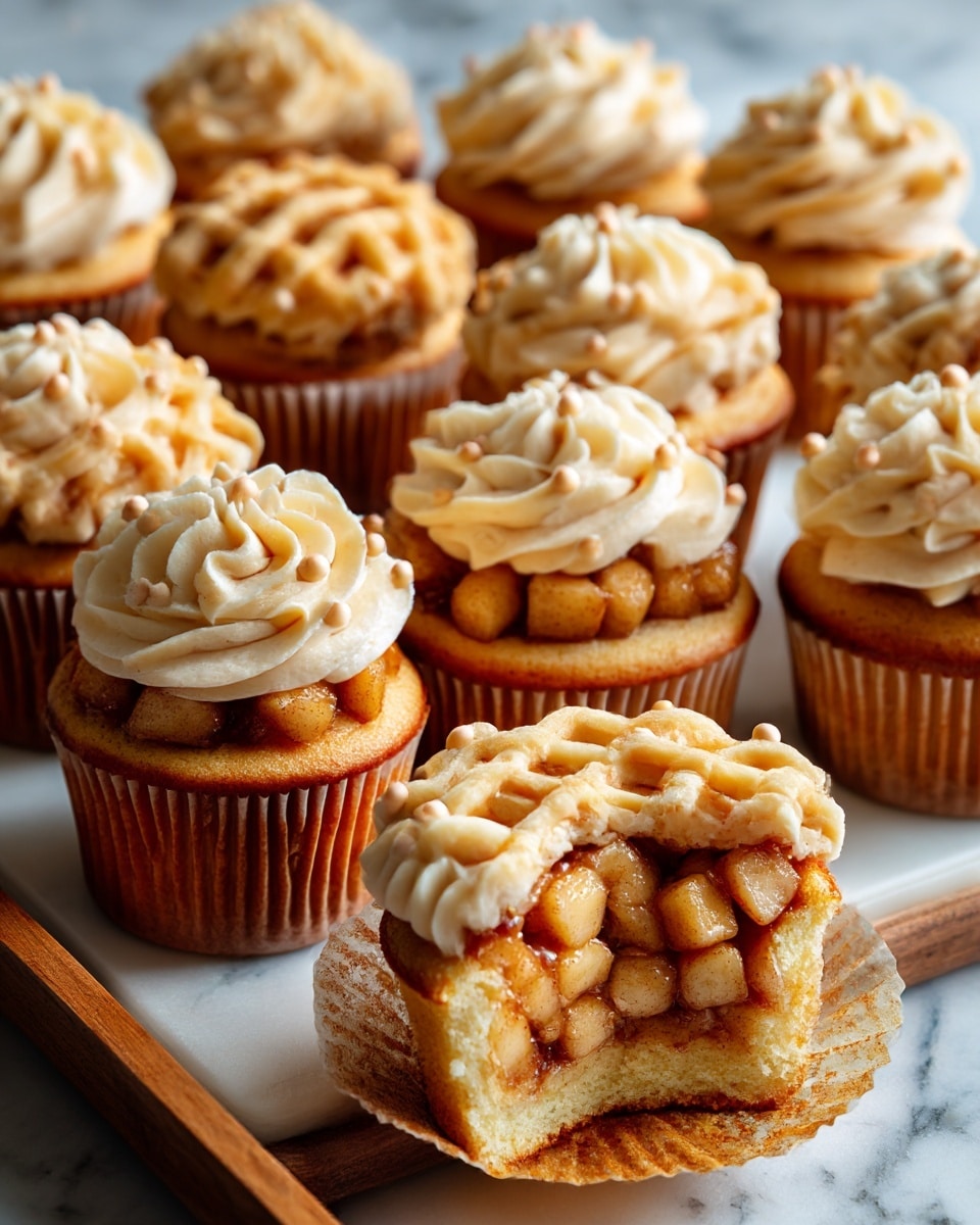 There are multiple cupcakes arranged closely on a wooden board. Each cupcake has a light golden base and is topped with a layer of small, caramelized apple pieces in warm brown tones. Around the apple topping is creamy, light beige frosting piped in a thick, scalloped border. Some cupcakes have an extra decoration of light beige frosting strips placed in a crisscross pattern over the fruit. The scene is set on a white marbled surface with soft, natural lighting highlighting the textures. photo taken with an iphone --ar 4:5 --v 7