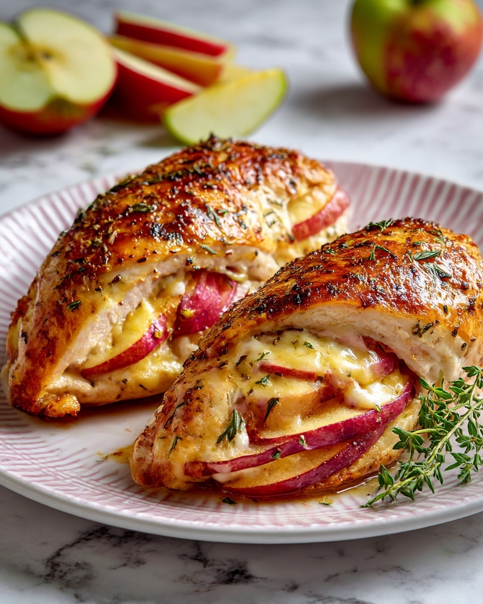 Two cooked chicken pieces with a shiny, golden-brown skin sit in a black cast iron pan. Each chicken piece is sliced horizontally and stuffed with thin, overlapping layers of red apple slices and melted creamy cheese in the middle, showing a mix of soft white and pale yellow colors. The pan has a few small sprigs of fresh green herbs around the edges. The background is a white marbled surface with part of a white cloth napkin at the bottom right corner. Photo taken with an iphone --ar 4:5 --v 7