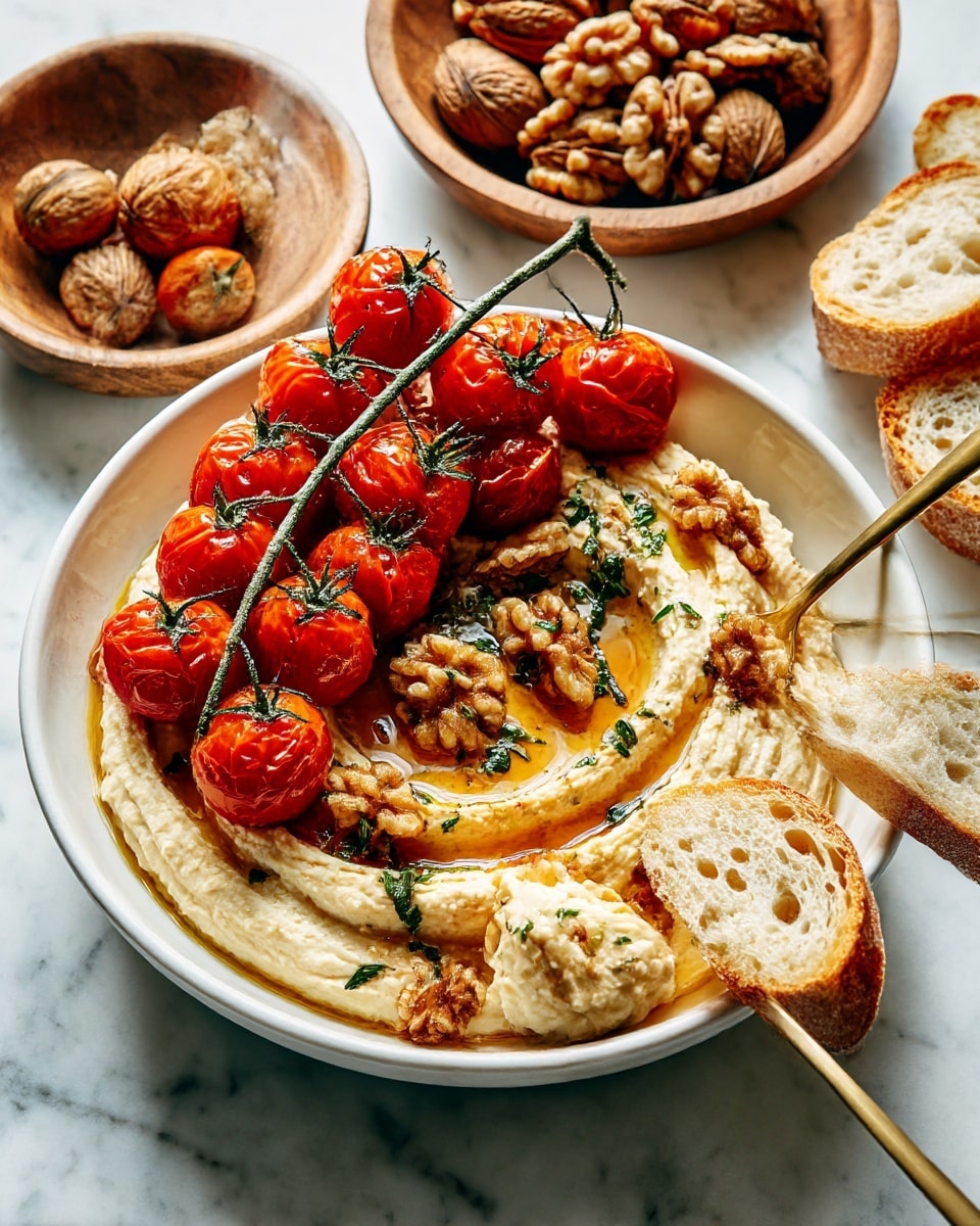 A large white bowl holds a creamy, light yellow hummus spread evenly at the bottom. On top, there is a layer of bright, shiny roasted cherry tomatoes still on blackened green stems, placed mostly on one side. Scattered around the tomatoes are light brown walnut pieces adding a rough texture. Two golden spoons rest partially dipped in the hummus near the top center, with their handles extending outside the bowl. On the right edge of the bowl, two slices of crusty bread with a light golden crust and soft, airy inside lean against the hummus. The setting includes a white marbled surface underneath. Photo taken with an iphone --ar 4:5 --v 7
