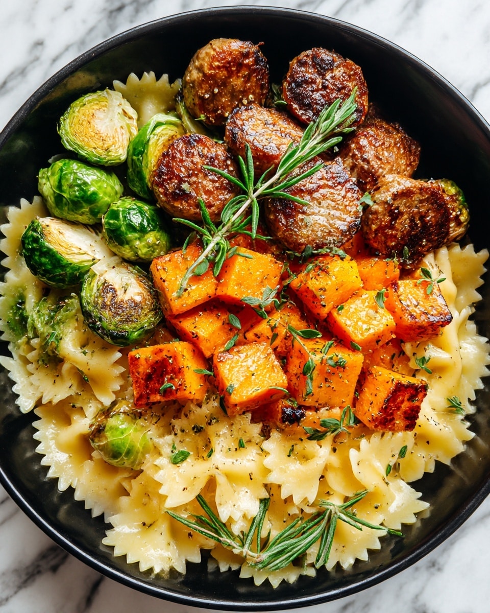 A black bowl filled with three main layers; the bottom layer has light yellow bowtie pasta with smooth texture. The middle layer contains bright orange cubes of roasted butternut squash with a slightly charred surface. The top layer includes seared pieces of browned sausage rounds and vibrant green roasted Brussels sprouts, both showing a light crispy texture. Small green herb sprigs are sprinkled evenly over the top, adding a fresh touch. The bowl is on a white marbled surface. photo taken with an iphone --ar 4:5 --v 7