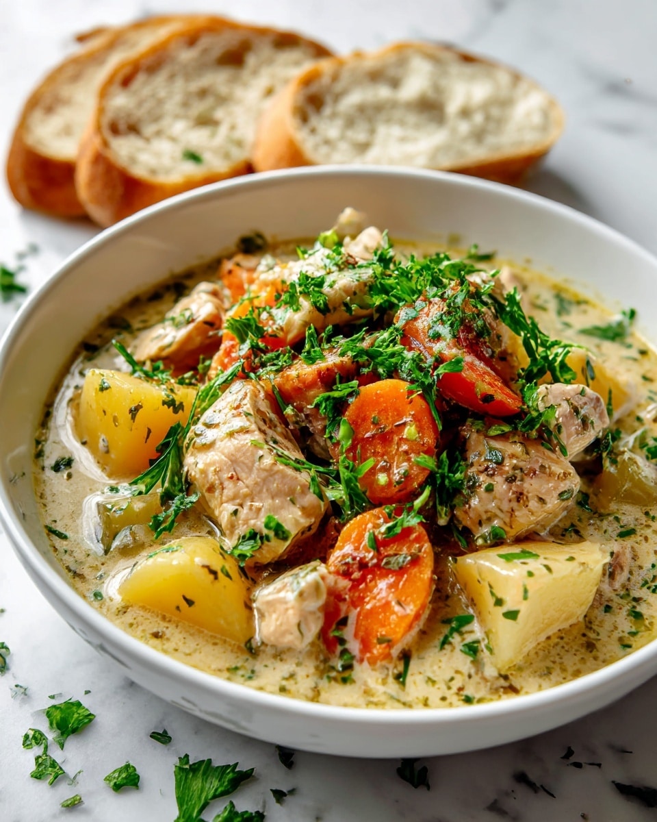 The image shows a thick stew with chunks of light brown meat, yellow potatoes, and bright orange carrot slices mixed in a creamy beige sauce filled with small green herbs. The stew is in a black pan with a black ladle lifting a scoop of the mix, highlighting the chunky vegetables and meat in the creamy base. The stew is sprinkled with small pieces of fresh green parsley on top. The background is a white marbled surface. photo taken with an iphone --ar 4:5 --v 7
