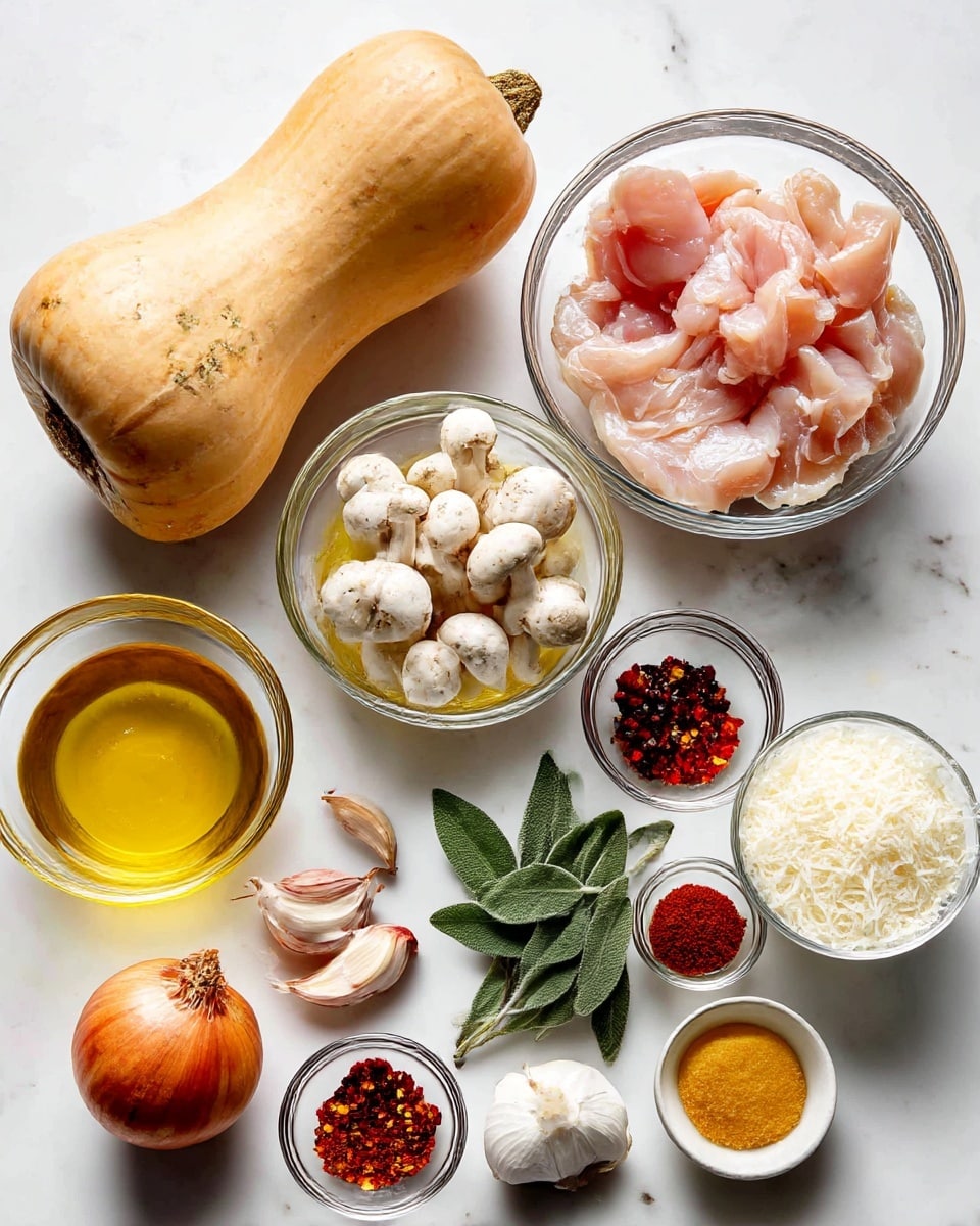The image shows a white marbled surface with various ingredients arranged neatly in glass bowls and loose on the surface. In the top left corner is a whole butternut squash with a light orange skin. Next to it on the right is a bowl with pale pink raw chicken pieces. Below the squash is a small glass bowl of light yellow chicken broth. To the right of the broth is a clear bowl filled with small white mushrooms. There is a small bunch of fresh sage leaves below the broth. Near the center bottom left, there is a small onion whole with light brown skin, and to its right, three garlic cloves. Below the onion and garlic are tiny glass bowls, one with red chili flakes, one with olive oil, one with unsalted butter, and one with white miso paste that is tan in color. At the bottom center is a bowl full of grated white Parmesan cheese. There is also a small glass bowl with white cream, and a tiny dish with coarse black pepper and red sweet paprika mixed, plus some salt. The image is bright and clear with a clean white space behind the ingredients photo taken with an iphone --ar 4:5 --v 7