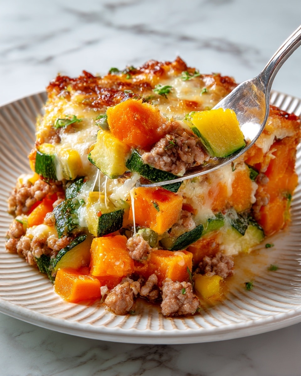 The dish shows a mix of baked vegetables and ground meat on a white plate with ridges. The bottom layer is orange cubes of sweet potatoes, which have a soft texture. Scattered on top and mixed are green and yellow zucchini pieces, with a slightly shiny surface. Ground meat pieces are spread throughout, light brown in color with a crumbly texture. The top layer is melted cheese, light yellow and stringy, covering parts of the vegetables and meat. A shiny fork is picking up a small bite with all ingredients visible. The plate sits on a white marbled surface. Photo taken with an iphone --ar 4:5 --v 7