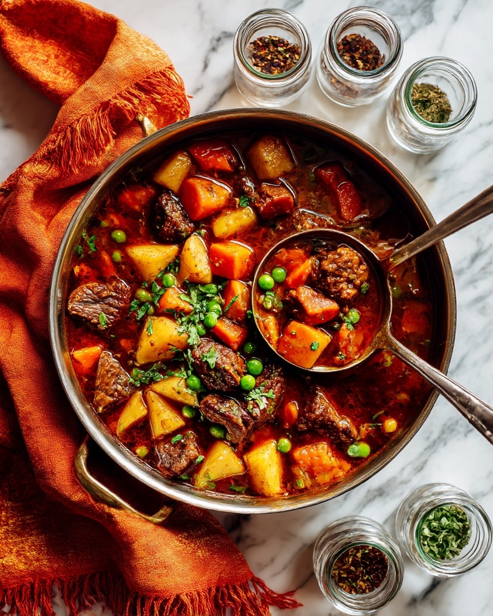 A large round pot filled with a rich brown stew that has several layers of chunky ingredients: bright orange carrot pieces, yellow small round potatoes, dark brown meat cubes, small green peas scattered throughout, and bits of pale celery in a thick brown broth. A metal ladle scoops out some of the stew showing a mix of all these layers together on top. The pot sits on a white marbled surface with two clear glass spice jars nearby and an orange cloth with fringes draped beside the pot. photo taken with an iphone --ar 4:5 --v 7