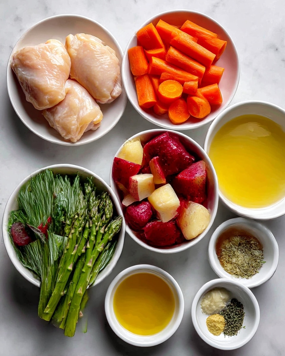 A black cast iron pan holds a colorful baked dish with three main layers: the bottom has light brown cooked chicken pieces topped by round orange carrot slices and small chunks of red and white potatoes; above them are green asparagus stalks crossing each other, with sprigs of fresh rosemary scattered on top. Thin lemon slices with red pepper flakes rest on the chicken, adding a bright yellow focal point. The edges of the pan show small pools of light sauce mixed with herbs and spices, resting on a white marbled surface. Two small white bowls with green and red seasonings are partly visible in the background. photo taken with an iphone --ar 4:5 --v 7