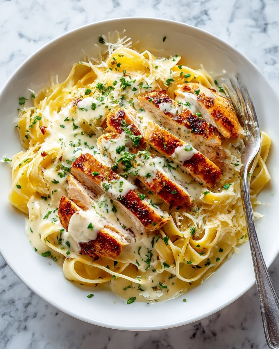 A white round plate holds a bed of creamy fettuccine pasta, pale yellow in color with a smooth and slightly shiny texture from the sauce. On top of the pasta are several thick pieces of grilled chicken, with golden brown char marks and a slightly rough surface. The chicken pieces are generously covered with a pale white creamy sauce that drips down onto the pasta. Small green herb flakes are sprinkled on top of the sauce, adding a touch of color contrast. To the right side of the plate, a silver fork rests partially on the pasta. The plate is set on a white marbled surface. photo taken with an iphone --ar 4:5 --v 7