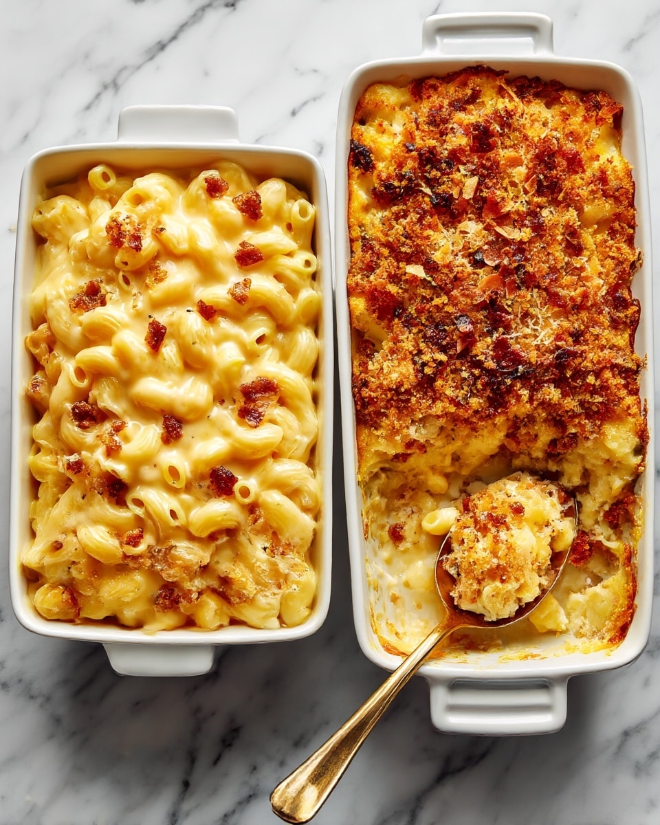 The image shows two white square baking dishes side by side on a white marbled surface. The dish on the left is filled with creamy macaroni and cheese with small pieces of browned bits, the pasta coated evenly in a smooth light yellow cheese sauce with a soft, slightly shiny texture. The dish on the right shows the same macaroni and cheese but baked, with a golden brown, slightly crispy crumb topping spread all over, textured with crunchy bits and some darker browned spots, and a golden spoon scooping some from the corner, revealing the creamy layers underneath. Photo taken with an iphone --ar 4:5 --v 7