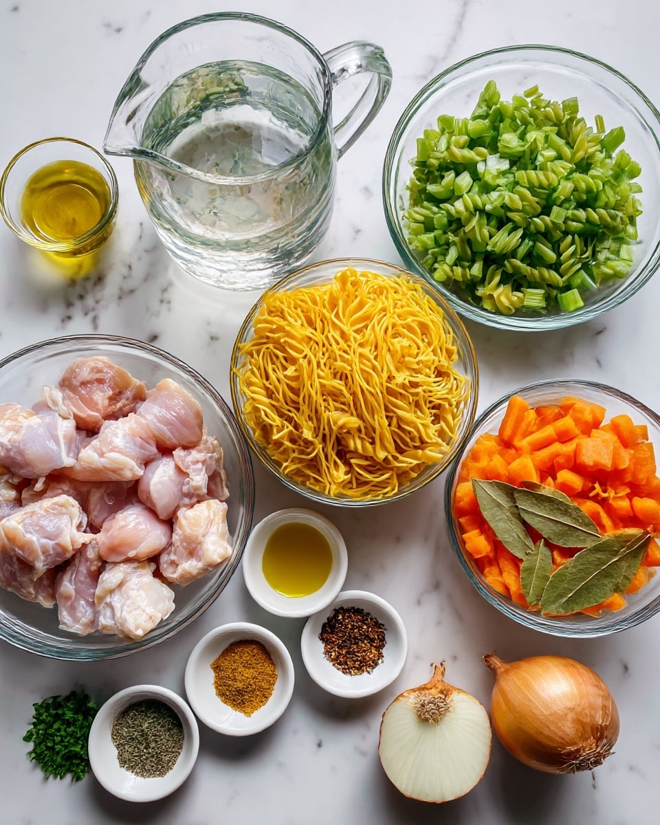 A top-down view shows clear glass bowls and white small dishes arranged in a loose grid on a white marbled surface. From bottom left, there is a glass bowl of raw chicken pieces with pale pink and white tones, next to it on the right is a glass bowl filled with yellow twisted noodles. Above the chicken is a clear measuring jug half-filled with water. Above the measuring jug is a glass bowl with bright green chopped celery. To the right of celery, a glass bowl holds orange sliced carrots. A glass bowl with a whole peeled onion, cream-colored with brown root, is near carrots on the right. Above the onion and carrots, there are five small white dishes: chopped green parsley on the left, yellow olive oil next to it, a small white dish with salt and black pepper mix, a small dish of mixed yellow and brown dried vegeta seasoning, a dish of brown dried rosemary, and a dish with several green bay leaves. Each ingredient is clearly visible and separated. Photo taken with an iphone --ar 4:5 --v 7
