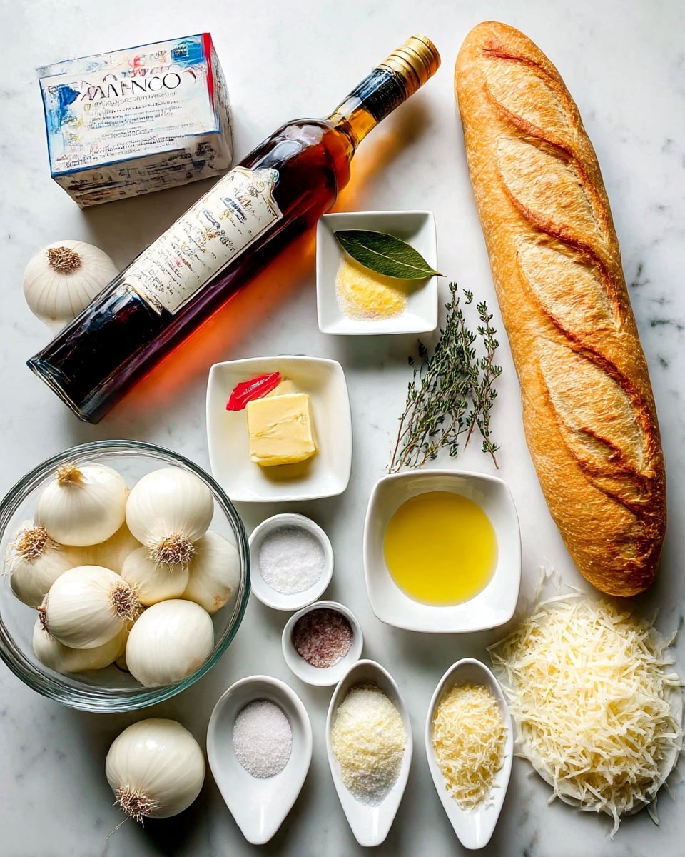 The image shows ingredients neatly arranged on a white marbled surface. At the bottom left, there is a clear glass bowl filled with whole white onions, some with skins and roots. Next to it, slightly to the right, is a whole golden baguette with light scoring on top. Above that, there are three small white square dishes holding light yellow butter, bright yellow olive oil, and off-white flour. Between these dishes are fresh green thyme sprigs and a single bay leaf on another white square dish. Toward the center left, there is a tilted bottle of amber cognac and a dark red wine bottle lying side by side. Below the cognac is a box of beef broth with a blue and red label. At the top left, two small white round dishes hold white salt and granulated sugar. On the bottom right, there are two white ceramic spoons filled with finely grated parmesan cheese and shredded pale yellow gruyere. All ingredients are clearly labeled in bold black text above each item. photo taken with an iphone --ar 4:5 --v 7