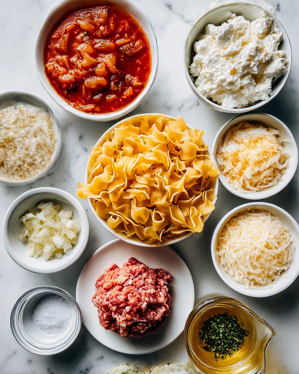 A flat white plate holds curly brown pasta spread evenly in the center. Surrounding it are small white bowls and dishes arranged neatly on a white marbled surface. To the top left is a white bowl filled with rich red tomato sauce with visible chunks and texture. Next to it is another white bowl filled with white cottage cheese. In front of the pasta plate, there is a white plate with raw minced meat shaped into a mound. Other small bowls contain shredded pale yellow cheese, finely chopped white onions, chopped green herbs, and a small amount of olive oil. A small grey bowl of salt and a clear glass container of light golden broth complete the layout. Woman's hand is gently holding the glass container to the right. photo taken with an iphone --ar 4:5 --v 7