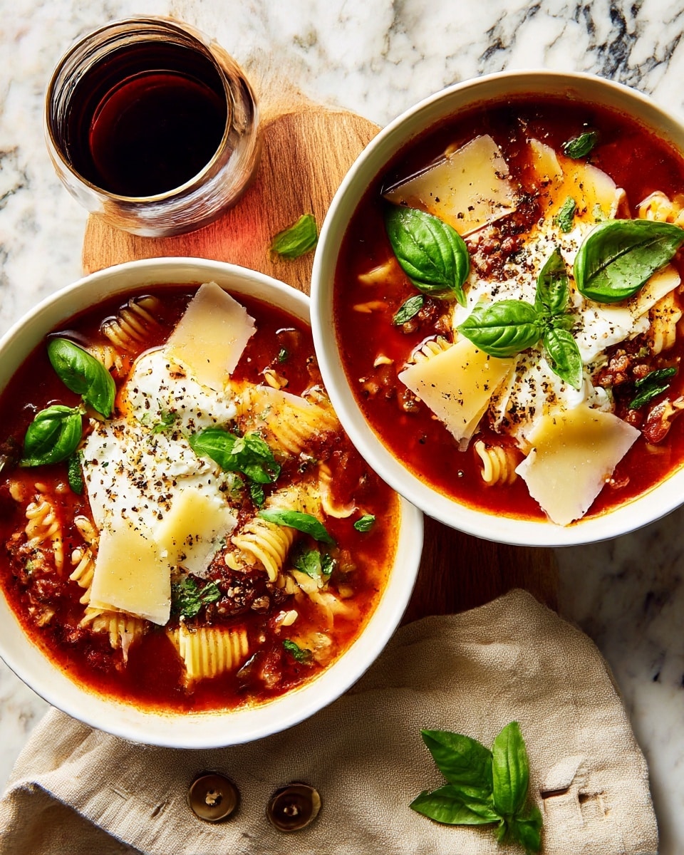 Two white bowls with handles contain rich red tomato sauce with pieces of pasta and chunks of meat, the pasta having wavy edges and light orange color. Each bowl is topped with a dollop of creamy white ricotta cheese sprinkled with black pepper, thin light beige cheese shavings, and fresh green basil leaves. The bowls are placed on a white marbled surface with a beige and white checkered cloth to the right, and a knife with a cream-colored handle beside it. Around the bowls are scattered fresh basil leaves, a small black bowl with coarse black pepper, a glass bottle with yellow olive oil, and a glass of red wine. The scene is warmly lit, highlighting the rich textures and colors of the food photo taken with an iphone --ar 4:5 --v 7