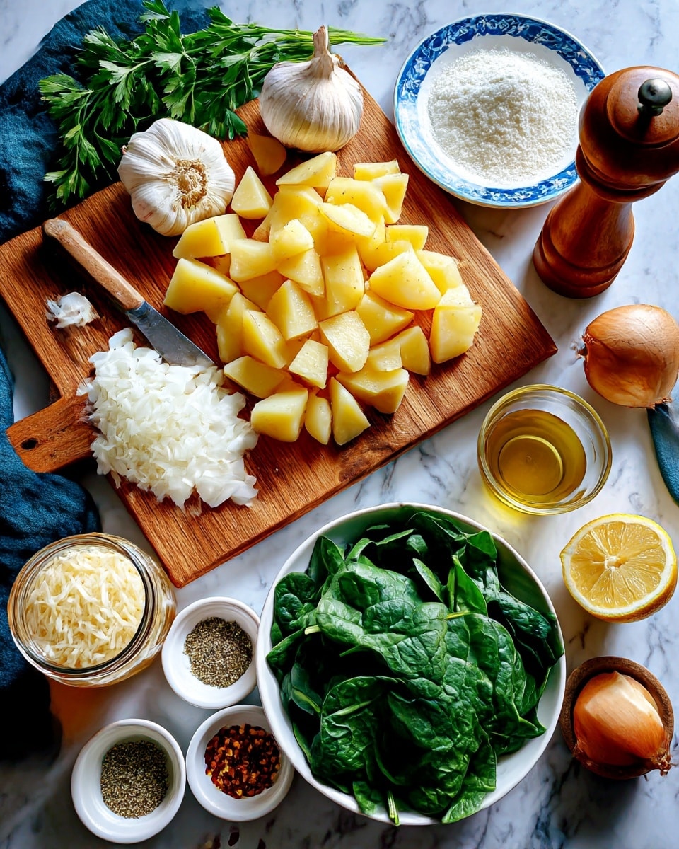 A wooden board holds chopped yellow potatoes and diced white onion around a knife, with a shallot and bunch of parsley on the side. Next to the board, there are garlic cloves resting on a white plate with a blue edge, a bowl of white flour, and a wooden pepper grinder. Half a lemon and a small glass of light oil are placed nearby. A white bowl filled with fresh green spinach leaves sits in the lower part of the image, next to a small white plate of shredded cheese and a small wooden container with cream. In the lower left, a jar of golden broth and small white bowls of mixed herbs and crushed red pepper are visible. The entire scene is arranged on a white marbled surface with a dark blue cloth napkin nearby. Photo taken with an iphone --ar 4:5 --v 7