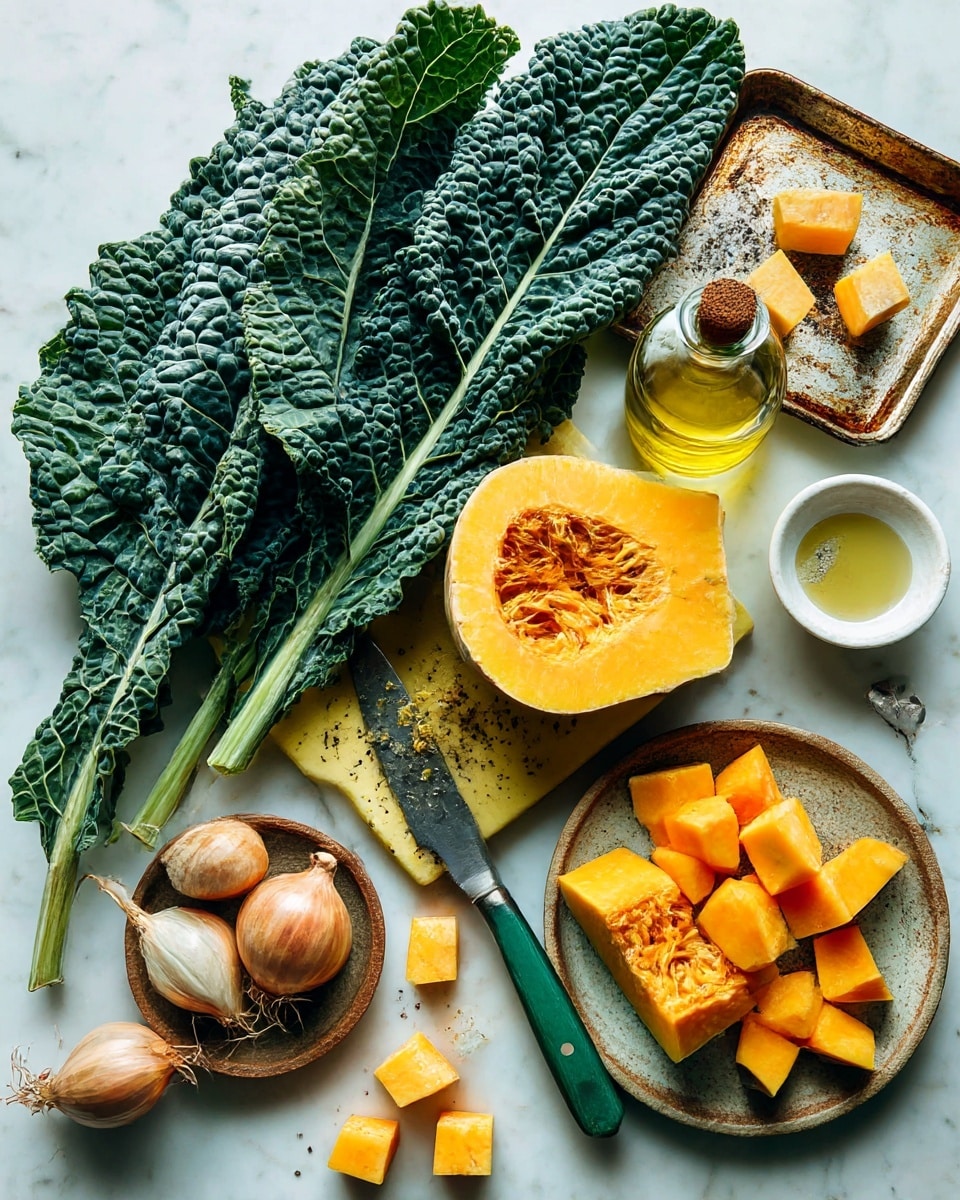The image shows a kitchen scene with a white marbled surface. On the left side, there are three large dark green textured kale leaves, next to a yellow cutting board that holds a metal knife with a green handle, half of a round orange squash with a hollow center, and some chopped pieces of the squash in small blocks spread around. Near the bottom left, two shallots rest on a small wooden plate. In the top middle area, there is a round clear glass bottle with a wooden cork, filled with yellow olive oil. On the right side, part of a rusty metal baking tray is visible with more small orange squash pieces scattered on it. In the top right corner, there are two small white dishes on a wooden plate, one filled with salt and pepper, and the other containing a light-colored liquid. photo taken with an iphone --ar 4:5 --v 7