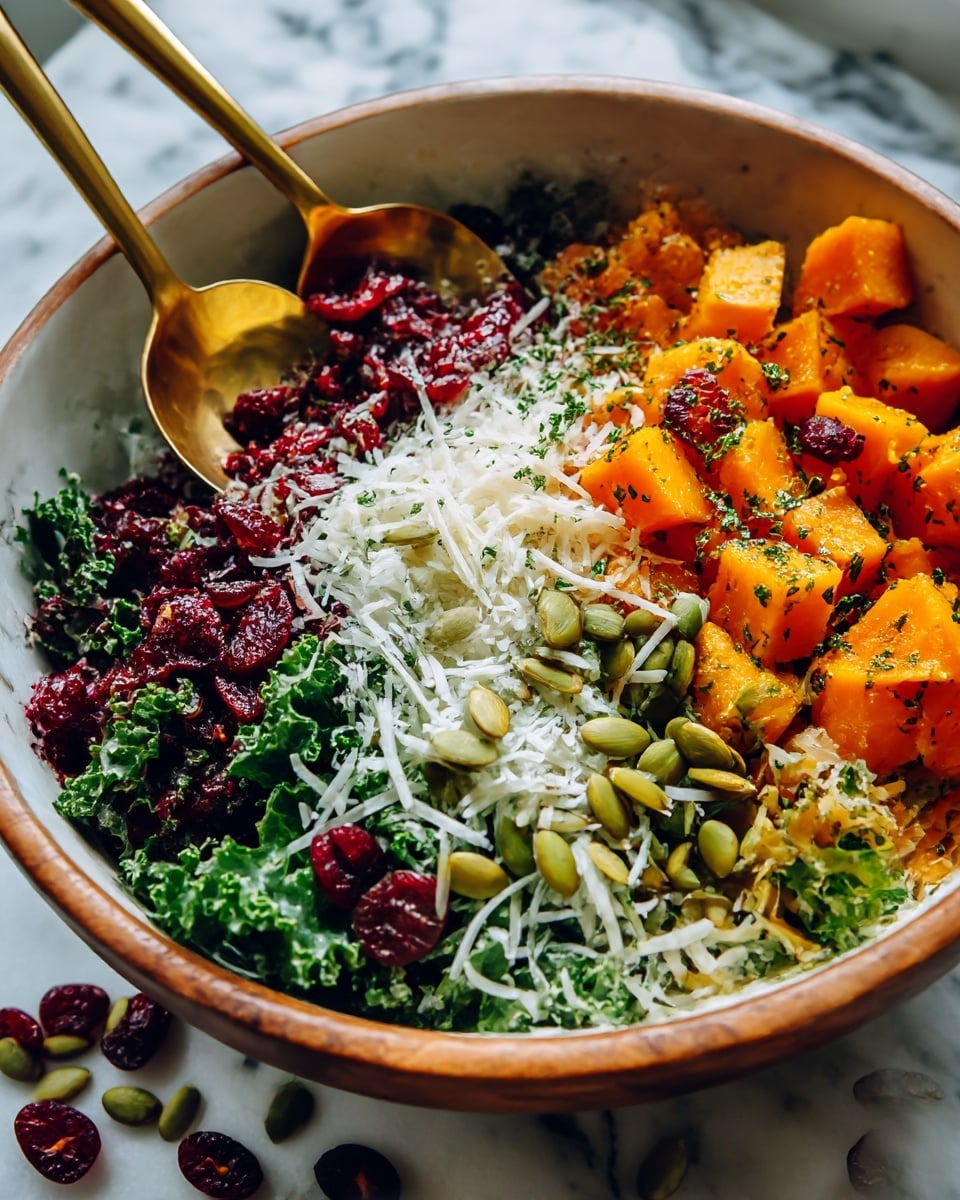 A white bowl filled with a fresh green kale salad shows layers of dark, ruffled kale leaves mixed with orange roasted squash pieces and light pink thin onion slices. Scattered on top are light green pumpkin seeds and deep red dried cranberries. A white fork is placed inside the bowl on the left side. There is a large wooden bowl to the upper right side containing more of the same salad with a copper spoon. Next to the salad bowl on the left is a wooden scoop holding pumpkin seeds and dried cranberries. A clear glass of water is behind the scoop, and the bowl sits on a yellow cloth napkin. The background is a white marbled surface with soft natural light. photo taken with an iphone --ar 4:5 --v 7