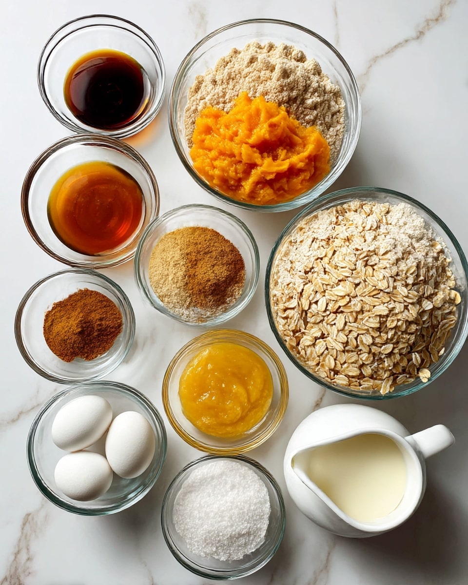 The image shows eleven clear glass bowls placed on a white marbled surface, each filled with different baking ingredients. Starting from the top left, there is a small bowl with dark brown vanilla extract, below it a bowl with light brown soft brown sugar, and next is a bowl of bright orange canned pumpkin. To the right of these are larger bowls: a big bowl of pale beige whole wheat flour, a smaller bowl of light cinnamon-colored pumpkin spice, and next to it a small bowl filled with white baking powder. In the bottom part of the image, there are three white eggs in one bowl, a small bowl with white salt crystals, and a bowl of smooth light yellow applesauce. Near the bottom right, a white pitcher holds creamy white buttermilk, and next to it is a large bowl filled with rolled oats, tan in color and textured with flakes. All bowls are transparent and placed neatly with clear labeling above each ingredient, photo taken with an iphone --ar 4:5 --v 7