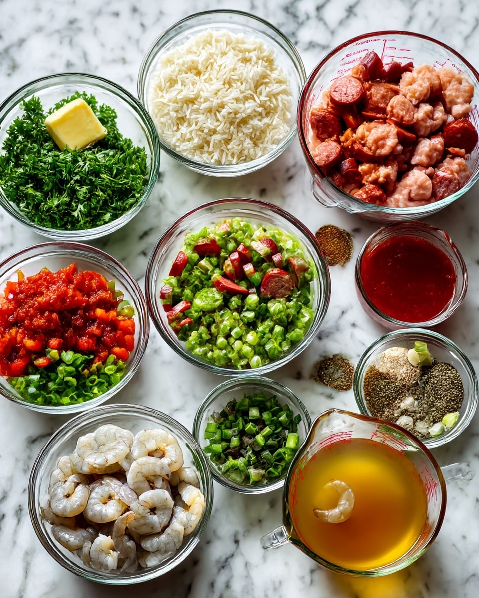 The image shows many small glass bowls and two glass measuring cups on a white marbled surface, each filled with different ingredients for a recipe. The ingredients include bright green parsley, a pale yellow piece of butter, light minced garlic, white chopped onion, white rice grains, red-brown sliced andouille sausage, pink raw chicken pieces, dark green chopped celery, bright red chopped red bell pepper, dark green chopped green bell pepper, gray shrimp with shells, light green chopped green onions, shiny yellow olive oil, bright red hot sauce, dark green dried bay leaves, black and white mixed salt and pepper, brown Cajun seasoning, grayish dried oregano, bright red crushed tomatoes in a measuring cup, and pale yellow chicken broth in another measuring cup. Each bowl or cup is neatly arranged, showing a clear separation between each ingredient, all placed on the white marbled texture. photo taken with an iphone --ar 4:5 --v 7
