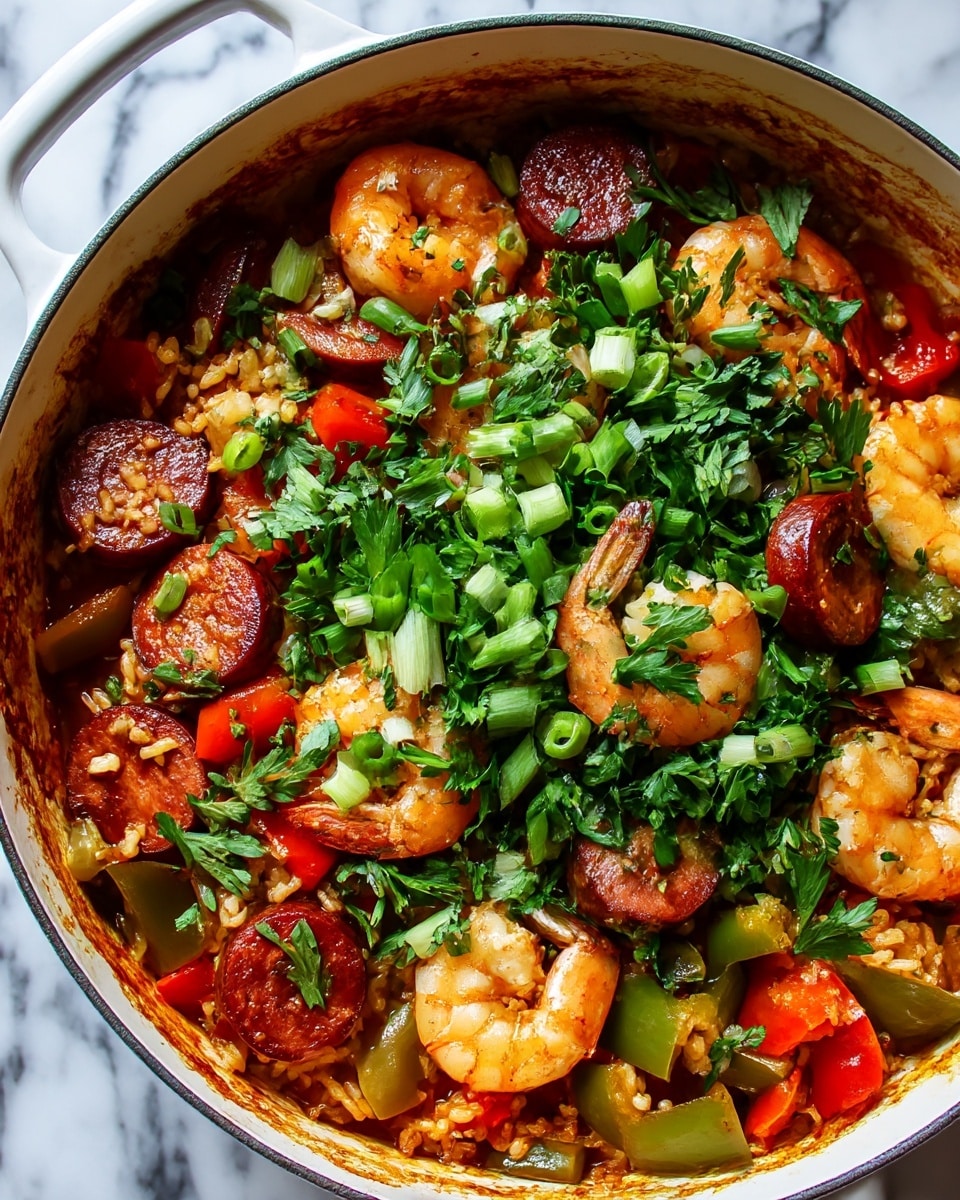 A large white pot filled with a colorful mixed dish featuring several layers and textures. The base layer consists of cooked rice in a reddish-orange sauce, mixed with slices of reddish-brown sausage and plump orange shrimp scattered evenly throughout. On top, there are bright green chopped scallions and fresh parsley sprinkled over the dish, adding vibrant green color. Bits of red and green bell peppers are mixed in among the rice and seafood, creating a rich and hearty appearance. The inside edge of the pot shows remnants of the sauce, giving a slightly messy but appetizing look, all set against a white marbled surface photo taken with an iphone --ar 4:5 --v 7