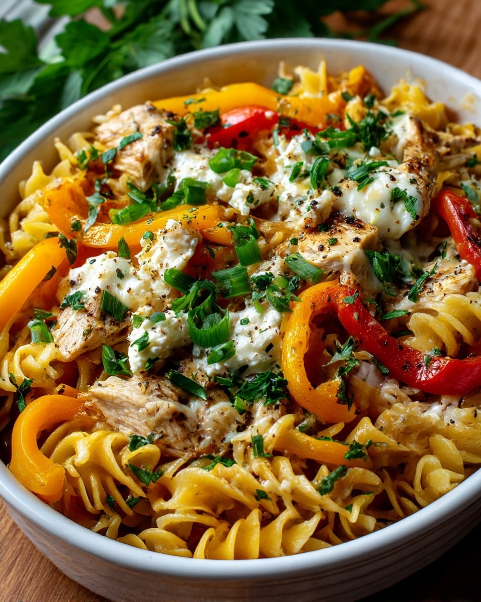 A white bowl filled with a layered pasta dish that shows spiral pasta at the bottom, topped with pieces of golden brown chicken, slices of browned sausage, and pink shrimp. Scattered throughout the dish are fresh green onion chunks, red and yellow bell pepper strips, and finely chopped green herbs. There is a sprinkle of black pepper spread over the top, adding texture and detail. In the background, a teal pot containing more of the same pasta dish is slightly out of focus, set on a white marbled surface. photo taken with an iphone --ar 4:5 --v 7
