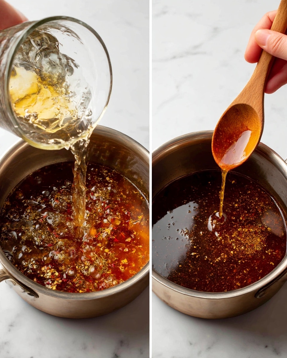 The image shows two close-up views of a shiny metal pot with a brown liquid and bits of spices inside. In the left part of the image, a clear liquid is being poured into the pot, creating bubbles and splashes among the dark brown, almost amber-colored liquid with specks of seasoning floating around. In the right part, a woman's hand is holding a wooden spoon inside the pot, stirring the dark brown liquid that has a few light reflections and a slightly thick texture from the mixed spices. The scene is simple with no other objects visible, set on a white marbled surface photo taken with an iphone --ar 4:5 --v 7