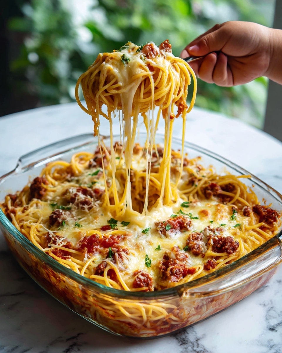 This image shows a clear glass baking dish filled with a layered spaghetti casserole. The bottom layer appears to be rich meat sauce with small bits of tomato, topped with a generous layer of melted cheese that is golden and slightly browned in spots. On top of that is a thick layer of spaghetti noodles covered with more melted cheese and small green herb pieces sprinkled on top. A fork is lifting a portion of the cheesy spaghetti, with long strands dangling and some herbs visible. The dish sits on a white marbled surface, with some green herbs scattered around. Photo taken with an iphone --ar 4:5 --v 7