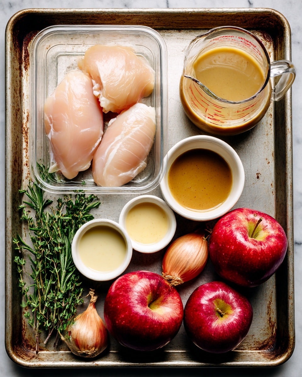 A metal baking tray sits on a white marbled surface holding several cooking ingredients. On the left side, there is a clear plastic container with three raw pale pink chicken fillets placed one over another. To the right, there is a glass measuring jug filled with a light brown liquid, positioned at the top right corner of the tray. Below the jug, a small white bowl contains a beige mustard sauce. Further down, two small white bowls are placed side by side, one filled with a light cream-colored liquid and the other with a golden brown liquid. Two red apples with shiny skins are placed at the bottom right of the tray. At the bottom left corner, there are fresh green herb sprigs, including rosemary and thyme. Near the herbs, two shallots with light reddish-brown skins lie close together. The tray's surface shows signs of use with discoloration and marks. photo taken with an iphone --ar 4:5 --v 7