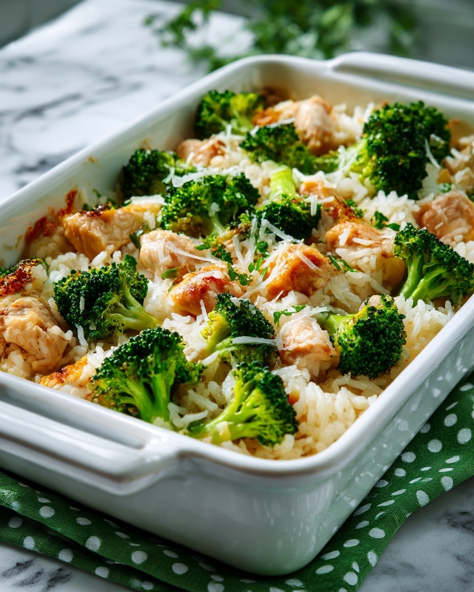 A white rectangular dish filled with soft white rice layered evenly, topped with small bright green broccoli florets scattered across the surface, and light golden-brown pieces of cooked chicken mixed throughout. There are small sprinkles of shredded light-colored cheese spread thin over the rice and broccoli. The dish sits on a green cloth with white polka dots against a white marbled background. Text labels with brown and white blocks say