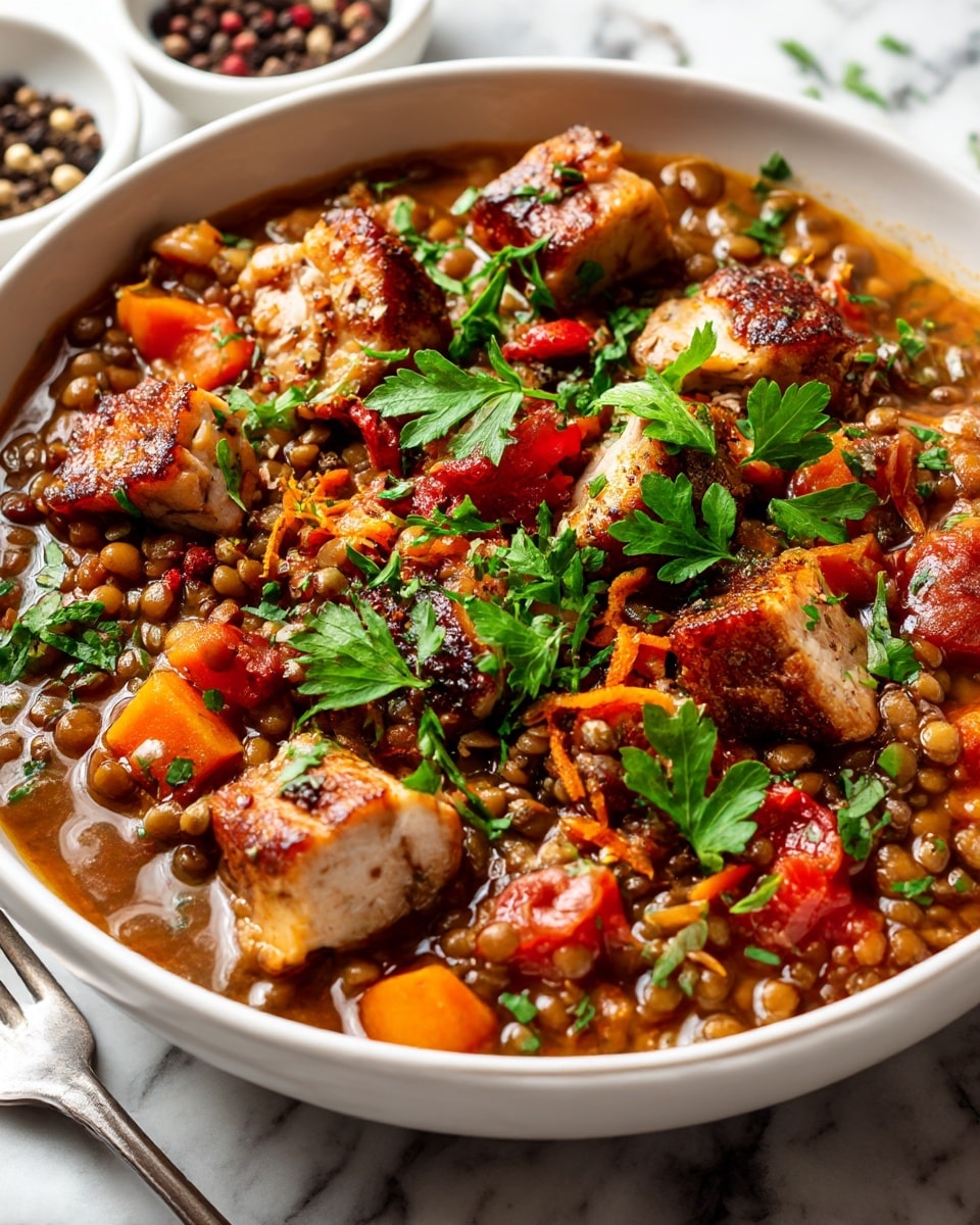 A close-up of a white bowl filled with a thick stew made of lentils and pieces of cooked meat, which are light brown with seared edges. The stew has visible orange shredded carrot and small chunks of red tomato mixed throughout. On top, there is a sprinkle of fresh green parsley leaves. The bowl is placed on a white marbled surface, with a fork on the lower left corner and a blurred small white bowl of mixed peppercorns in the background. Photo taken with an iphone --ar 4:5 --v 7