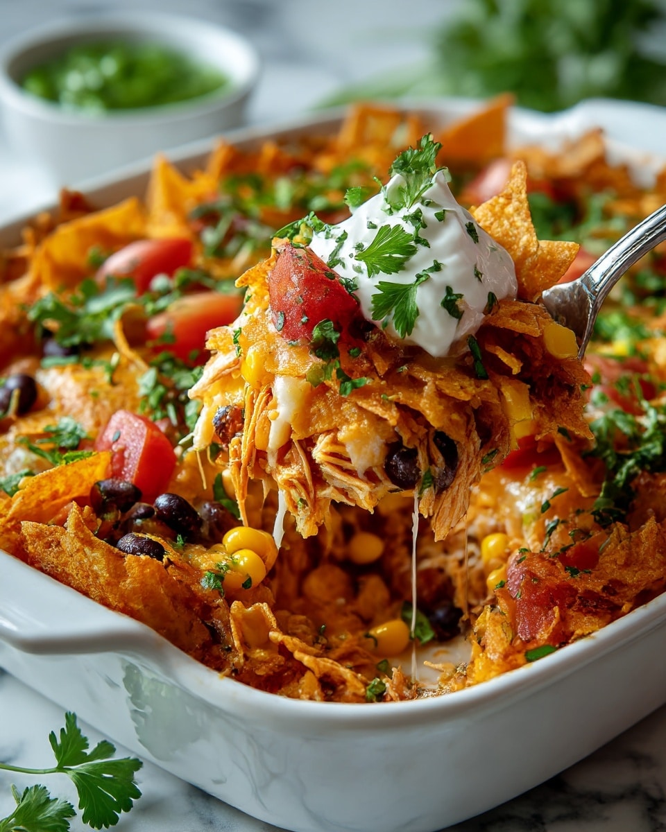 The image shows several ingredients arranged on a white marbled surface for making a cheesy dorito chicken casserole. On the left, there is a gray bowl filled with shredded white chicken pieces. Next to it, a clear measuring cup contains a white liquid. Behind these, there are three cans standing upright: one yellow can labeled