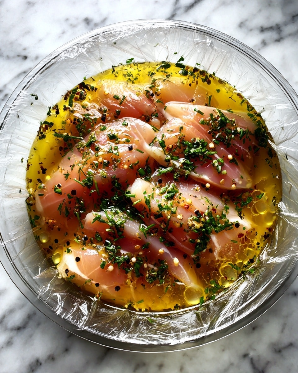 A clear glass bowl sits on a white marbled surface, filled with several raw pale pink chicken slices partially submerged in a golden-yellow marinade. The marinade has small bubbles and flecks of black pepper, while finely chopped green herbs are scattered evenly across the top. The bowl is covered tightly with transparent plastic wrap reflecting light. Photo taken with an iphone --ar 4:5 --v 7