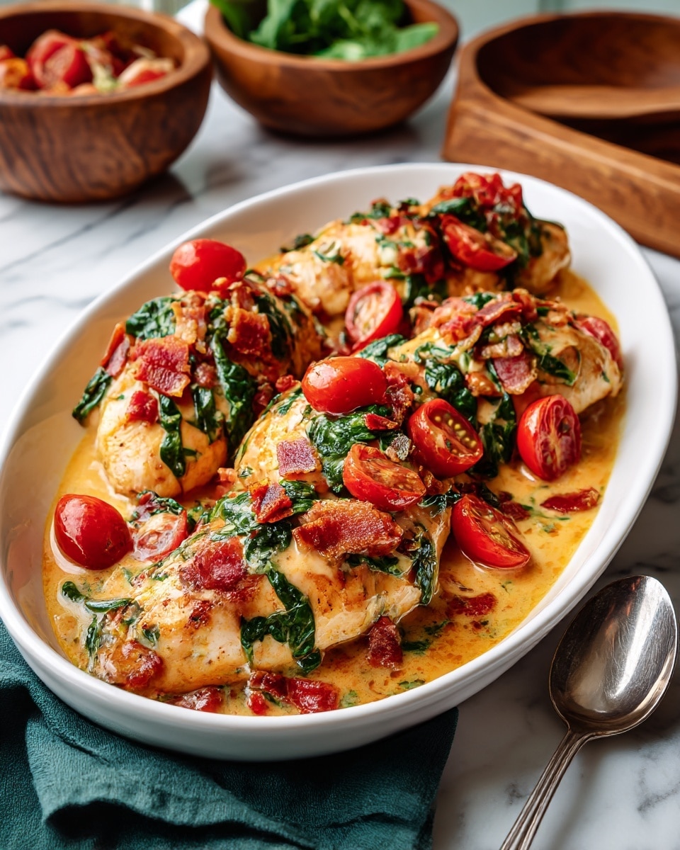 A white oval plate on a white marbled surface holds four cooked chicken pieces arranged in a slightly overlapping row. The chicken is covered with a creamy sauce that has a light orange color. On top of the chicken and sauce, there are scattered bright red cherry tomato halves, dark green spinach leaves, and small crispy bacon bits adding texture and color contrast. To the right side of the plate, a silver spoon rests on the marble surface. A dark green cloth napkin sits partially under the plate on the left side. In the background, there are blurred wooden bowls with food. Photo taken with an iphone --ar 4:5 --v 7