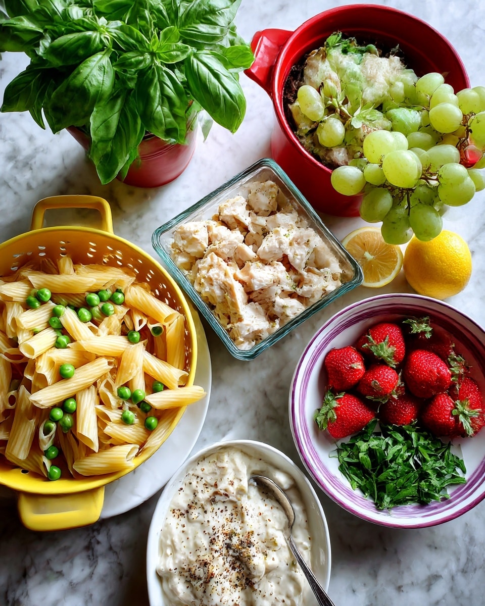 The image shows different food items arranged on a white marbled surface. On the left, there is a white plate holding a yellow colander filled with cooked penne pasta and green peas. In the center, a square clear glass bowl contains small chopped pieces of white and seasoned cooked chicken. Below it, a white plate has a creamy white sauce with black pepper and a spoon inside. To the right, a white bowl with a purple rim is filled with fresh red strawberries. Above the bowl, there is a bunch of green grapes next to a cut lemon half. A small white oval plate holds chopped green herbs, with a few whole green herb leaves placed nearby. At the top center, a red pot has fresh green basil leaves growing out of it. photo taken with an iphone --ar 4:5 --v 7