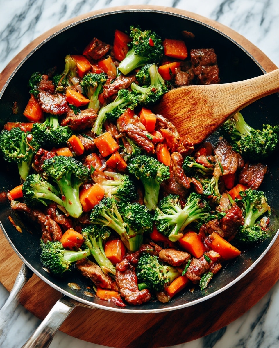 The image shows a black frying pan filled with a cooked vegetable and meat mix. The dish has three visible main layers: bright green broccoli florets with a slightly rough texture, orange carrot chunks that look soft and smooth, and browned pieces of meat with a tender and slightly crispy look. A wooden spatula is partially visible on the right side, stirring the ingredients. The pan is on a round wooden surface, and the background has a white marbled texture. Photo taken with an iphone --ar 4:5 --v 7