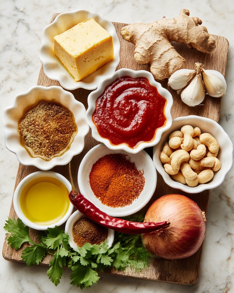 A wooden board placed on a white marbled texture holds several small white scalloped dishes and loose ingredients. On the top left, a white scalloped dish contains a block of pale yellow tofu; above it, a piece of ginger, and to the right, three garlic cloves. In the center, a white scalloped dish is filled with a smooth, deep red tomato sauce, and next to it is a small white round bowl with light brown cashews. Below the cashews, a small white bowl holds a fine, reddish-brown spice mix labeled as red chili, with a whole red chili pepper resting beside it. To the bottom left, a white dish has a green broth and another nearby holds a mix of brown and orange spices. A white scalloped bowl at the bottom left contains deep red tomato paste. A white bowl with light yellow olive oil is near the bottom center. An orange onion sits near the bottom right, next to fresh green cilantro leaves spread on the board. photo taken with an iphone --ar 4:5 --v 7