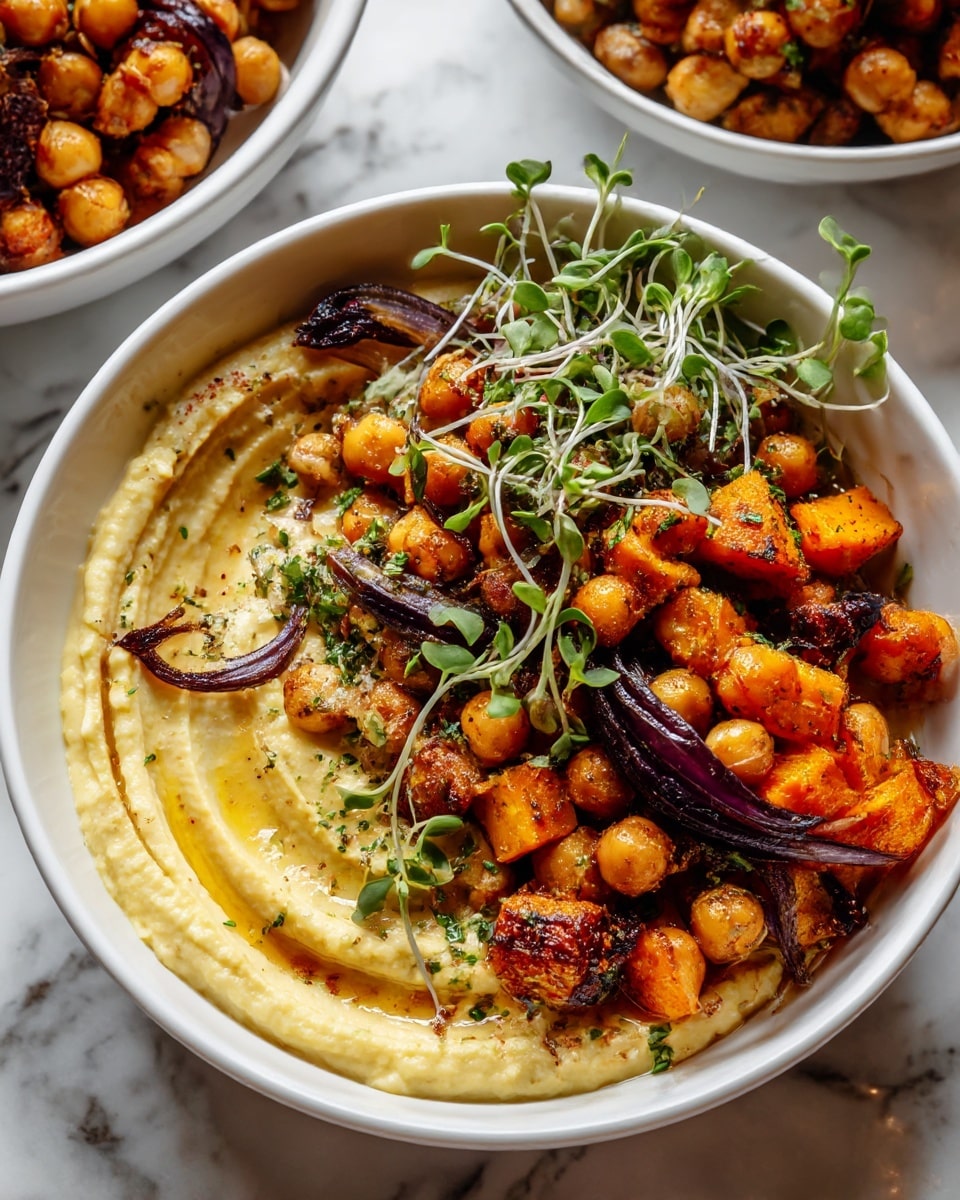 A white ceramic baking dish filled with roasted chickpeas and chunks of orange sweet potato, each piece coated lightly with reddish spices. The chickpeas form the bottom layer, round and beige with specks of seasoning, while the sweet potato chunks are cut into various sizes, showing a soft orange color and a slightly crispy texture from roasting. The dish is placed on a white marbled surface with some spice residue on the sides of the dish. photo taken with an iphone --ar 4:5 --v 7