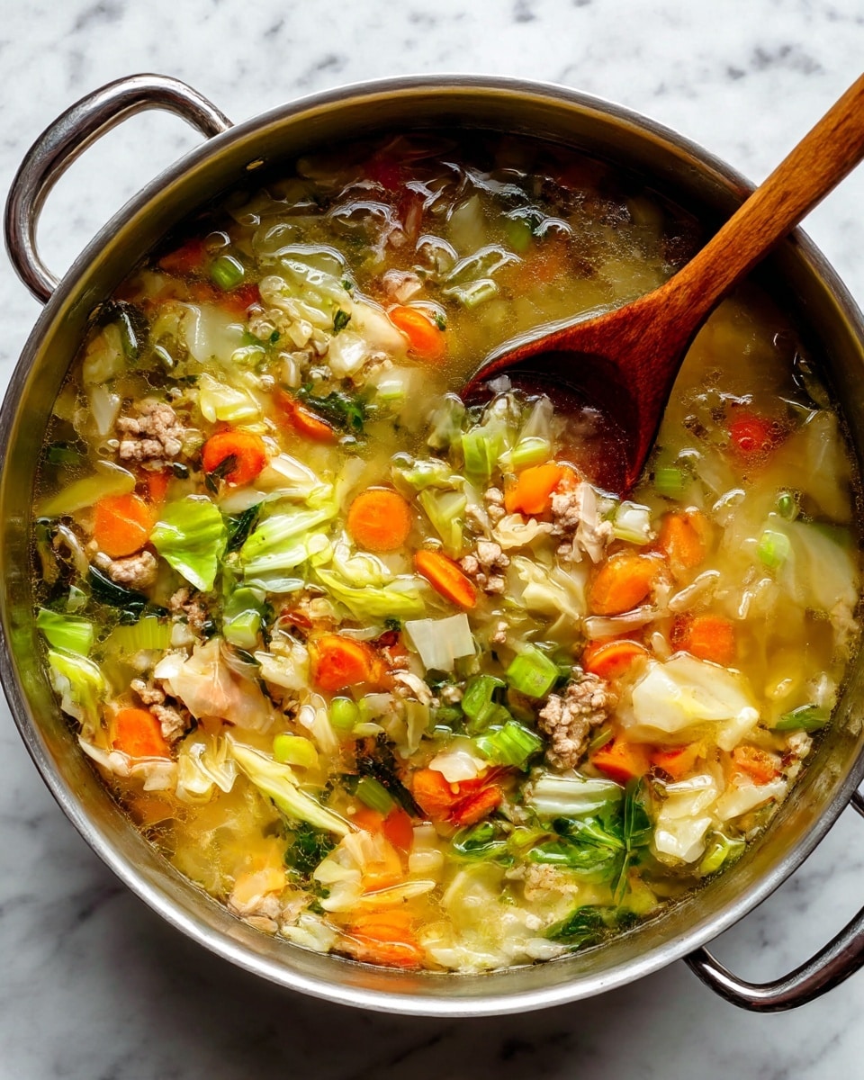 A large silver pot filled with a soup made of clear broth, ground meat, chopped cabbage, sliced carrots, and celery pieces, all mixed evenly and cooked together. A wooden spoon is stirring the soup from the right side, showing a mix of soft textures from the vegetables and meat, floating in the broth. The silver pot has a simple design with two round handles visible on each side inside against a white marbled background. photo taken with an iphone --ar 4:5 --v 7