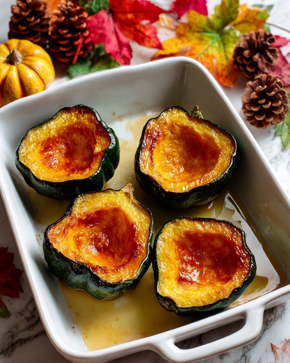 The image shows four halves of roasted acorn squash placed inside a white rectangular baking dish. Each squash half has a dark green outer skin with golden-orange flesh that looks soft and caramelized, especially near the center, which is hollowed out and slightly browned. The white baking dish holds some light brown juices and faint seasoning marks. In the background, there are fall decorations like pine cones and colorful autumn leaves on a white marbled surface. photo taken with an iphone --ar 4:5 --v 7